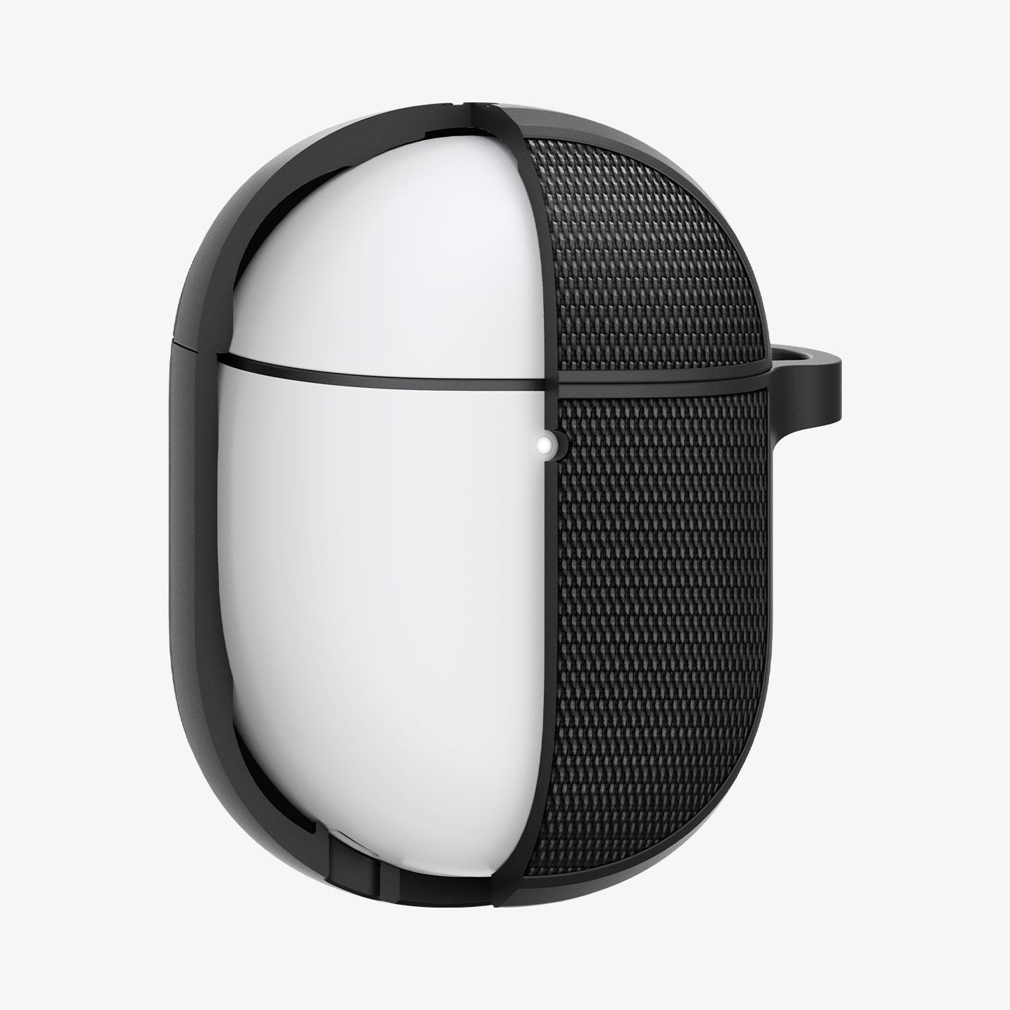 ACS07605 - Pixel Buds Pro 2 Series Case Classic Fit in black showing the front, cut in half exposing the inner of the buds