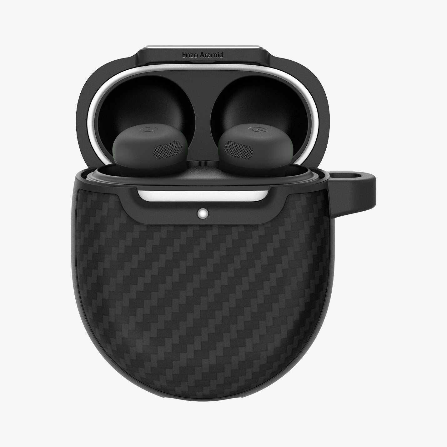 ACS07649 - Pixel Buds Pro 2 Case Enzo Aramid in Matte Black showing the front, top open 