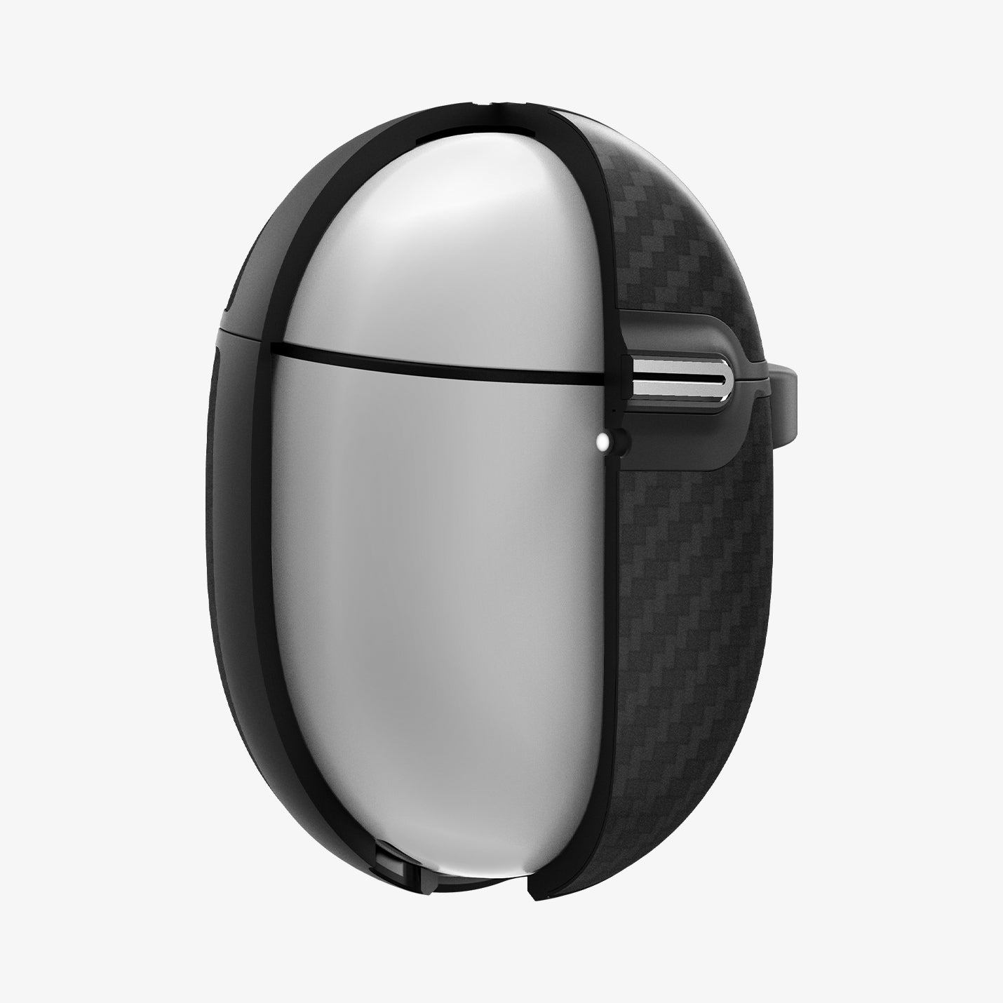 ACS07649 - Pixel Buds Pro 2 Case Enzo Aramid in Matte Black showing the front, partially cut open showing partial inner of the buds