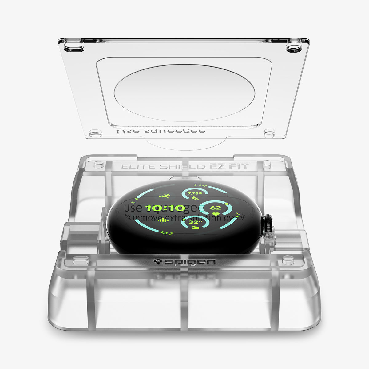 AFL08524 - Pixel Watch 3 (41mm) EliteShield EZ Fit in Clear showing the top of installation tray hovering in front of the face watch attached to another installation tray