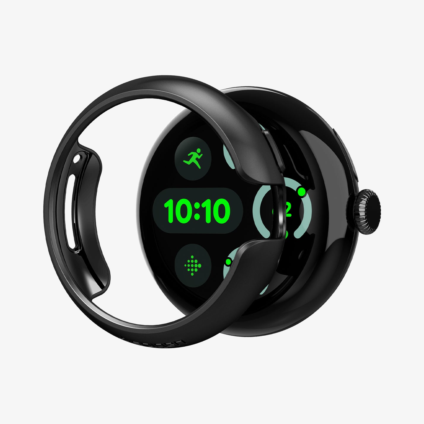 ACS07392 - Pixel Watch 3 (41mm) Case Thin Fit in Black showing the front of the watch case hovering in front of the face watch