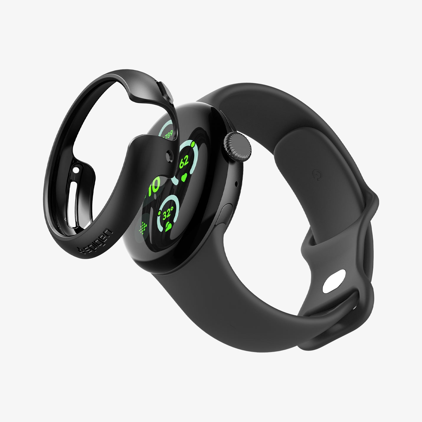 ACS07392 - Pixel Watch 3 (41mm) Case Thin Fit in Black showing the front, partial inner and sides of the watch case hovering infront of the watch