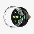 ACS07391 - Pixel Watch 2 Case Thin Fit in Crystal Clear showing the front of the watch case hovering in front of the face watch