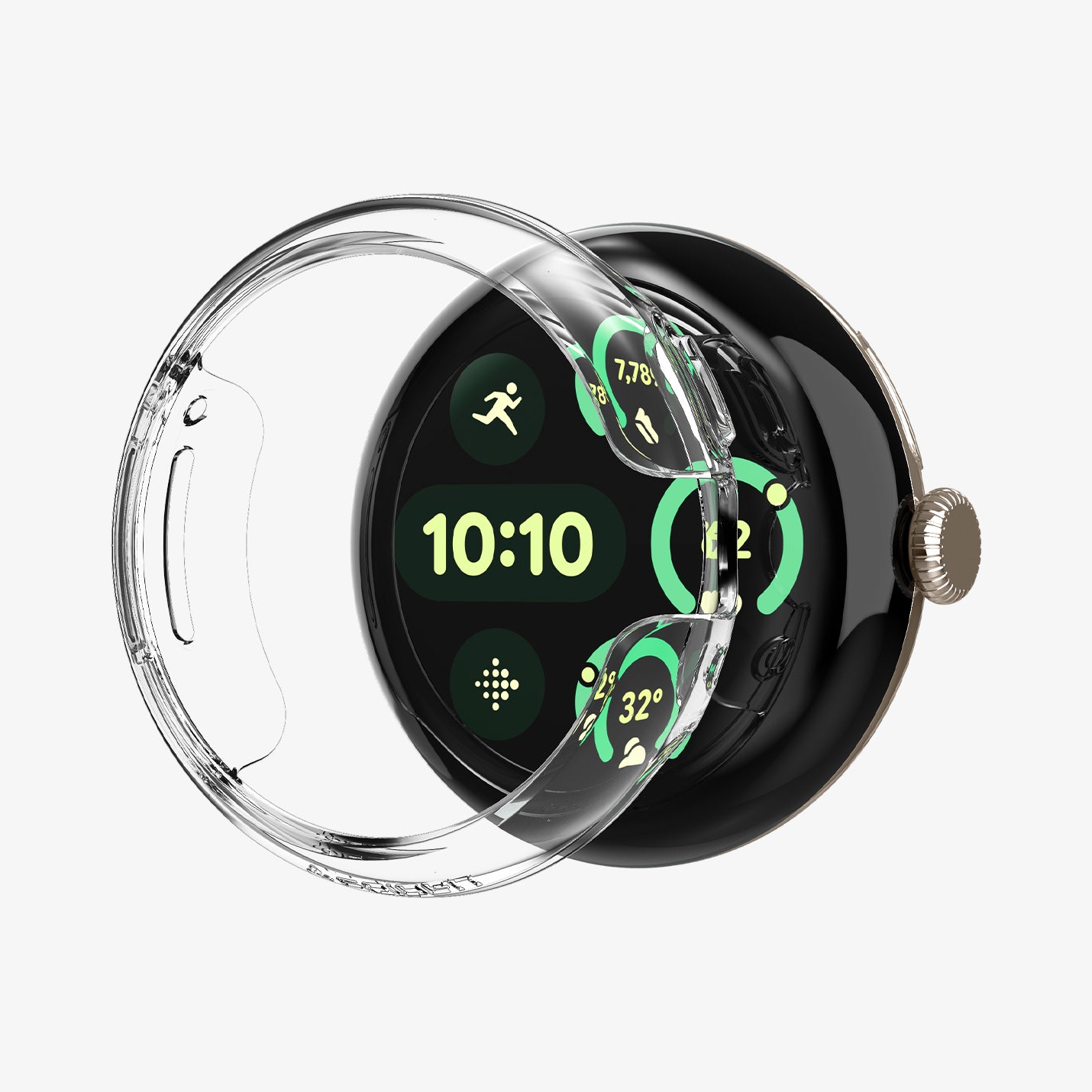 ACS07391 - Pixel Watch 2 Case Thin Fit in Crystal Clear showing the front of the watch case hovering in front of the face watch
