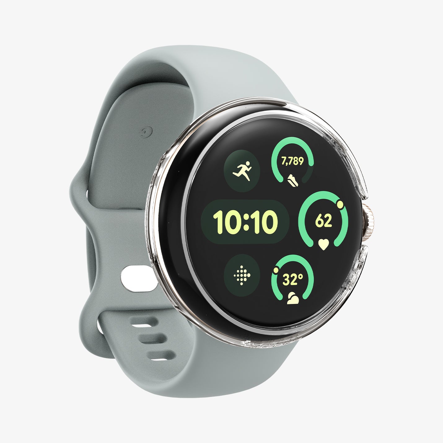 ACS07391 - Pixel Watch 2 Case Thin Fit in Crystal Clear showing the front and side installed on a watch
