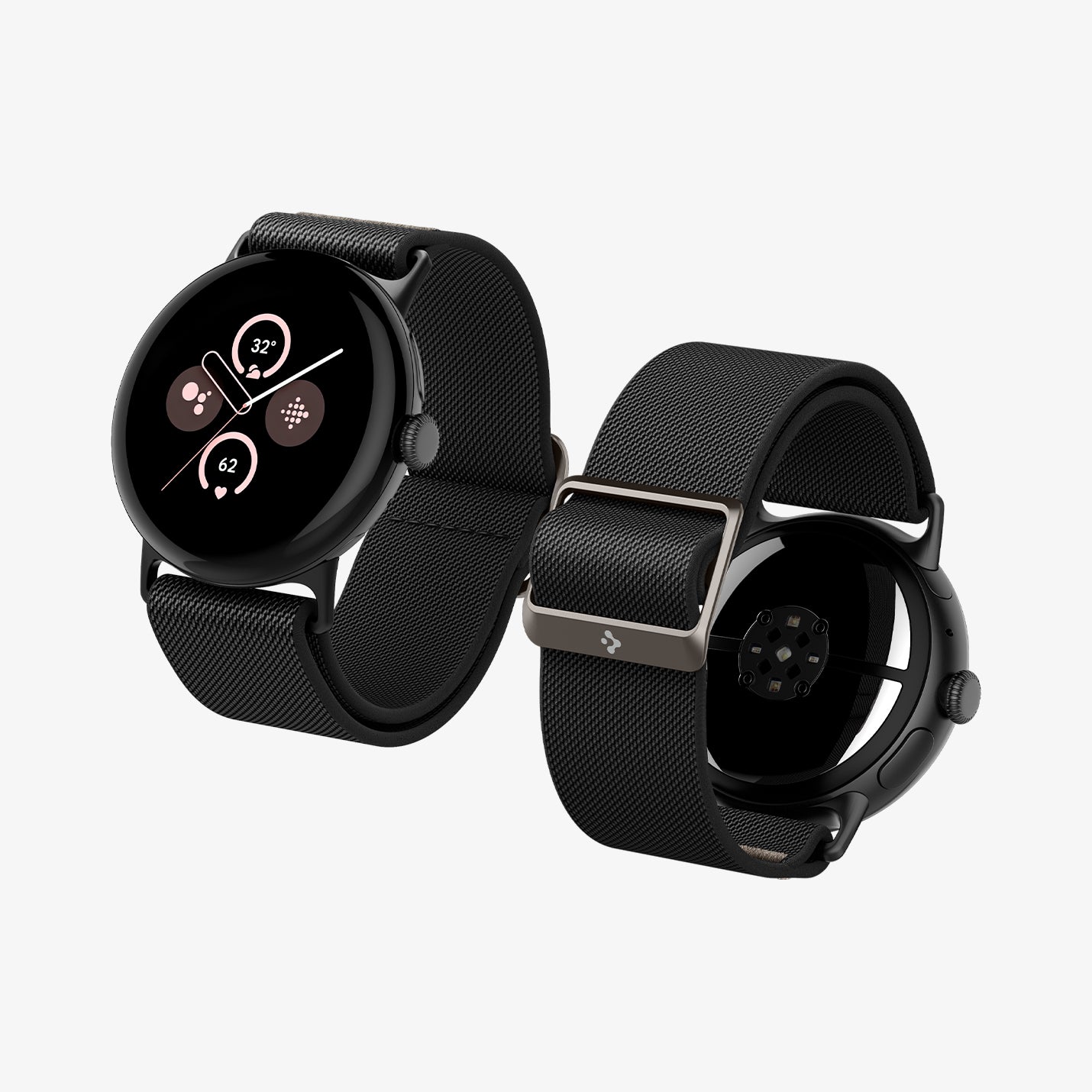AMP07601 - Pixel Watch 5 (45mm) Lite Fit Black angled views highlighting the flexible woven construction and premium metal buckle.
