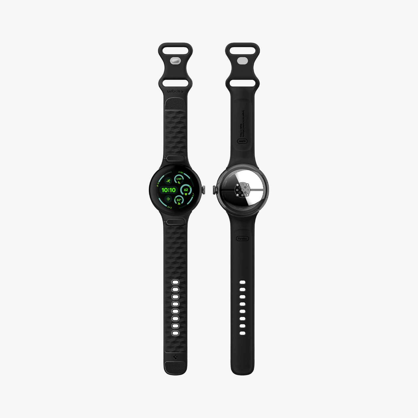 AMP10192 - GWdde Parallax Watch Band in black showing the front and back with strap laid out flat