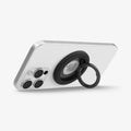 AMP09029 - MagSafe Phone Holder Nano Pop (MagFit) in Black Sesame showing the front of the phone holder, ring propped up as a stand attached to the back of the device