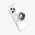 AMP09030 - MagSafe Phone Holder Nano Pop (MagFit) in Grape Purple showing the front of the phone holder hovering in front of the device showing its back