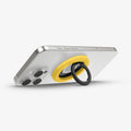 AMP09027 - MagSafe Phone Holder Nano Pop (MagFit) in Mango Yellow showing the front of the phone holder, ring propped up as a stand attached to the back of the device