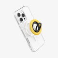 AMP09027 - MagSafe Phone Holder Nano Pop (MagFit) in Mango Yellow showing the front of the phone holder hovering in front of the device showing its back