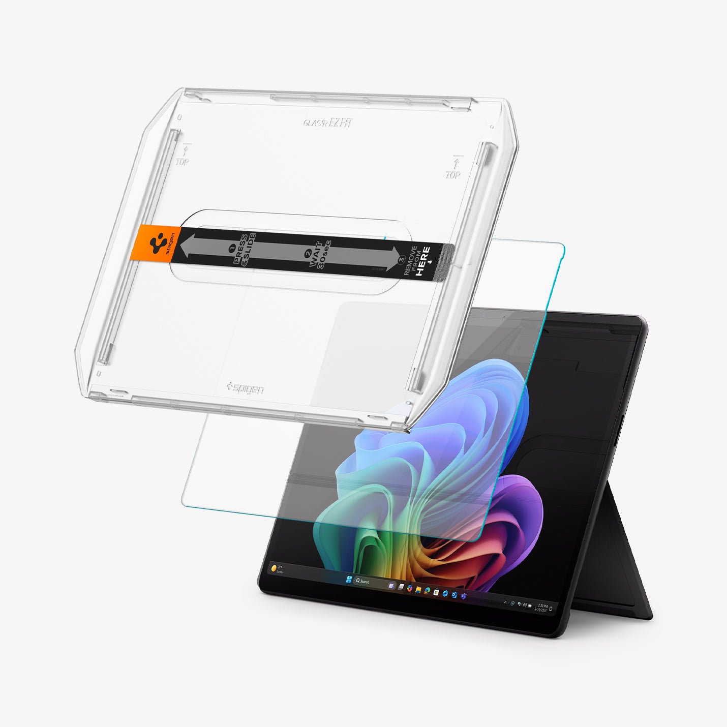 AGL08631 - Microsoft Surface Series Screen Protector Glas.tR SLIM showing the ez fit tray and screen protector hovering in front of device