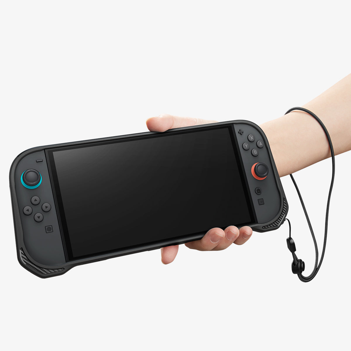 ACS09075 - Nintendo Switch 2 Rugged Armor in Matte Black showing the front with lanyard 