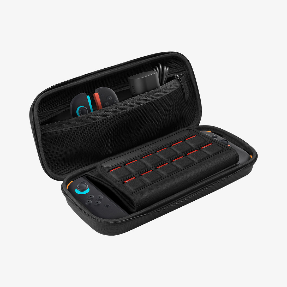 AGP09475 - Nintendo Switch 2 Rugged Armor Pro Pouch in Black showing the front, half open with multiple items and device inside