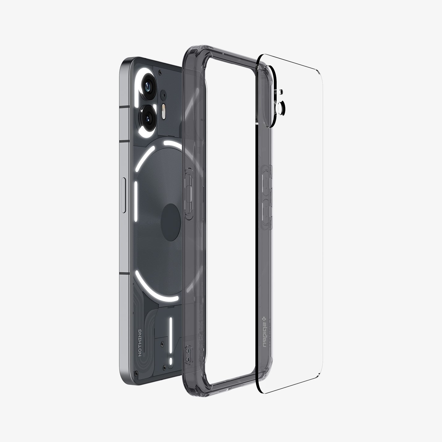 ACS06542 - Nothing Phone 2 Case Ultra Hybrid showing the multiple layers of case hovering behind the device