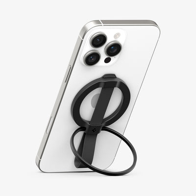 AMP08551 - O-Mag Magnetic Phone Holder (MagFit) | OM103 in Black showing the front, attached to the back of the device propped up as a kickstand