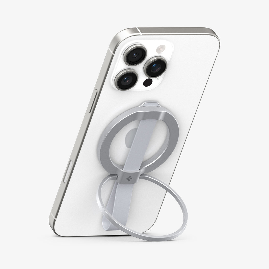 AMP10193 - O-Mag Magnetic Phone Holder (MagFit) | OM103 in Silver showing the front, attached to the back of the device propped up as a kickstand