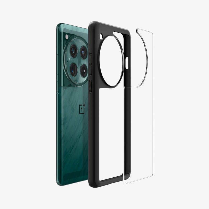 ACS07378 - OnePlus 12 Case Ultra Hybrid in Matte Black showing the clear tpu back cover detached and aligned from the dark tpu frame and a device