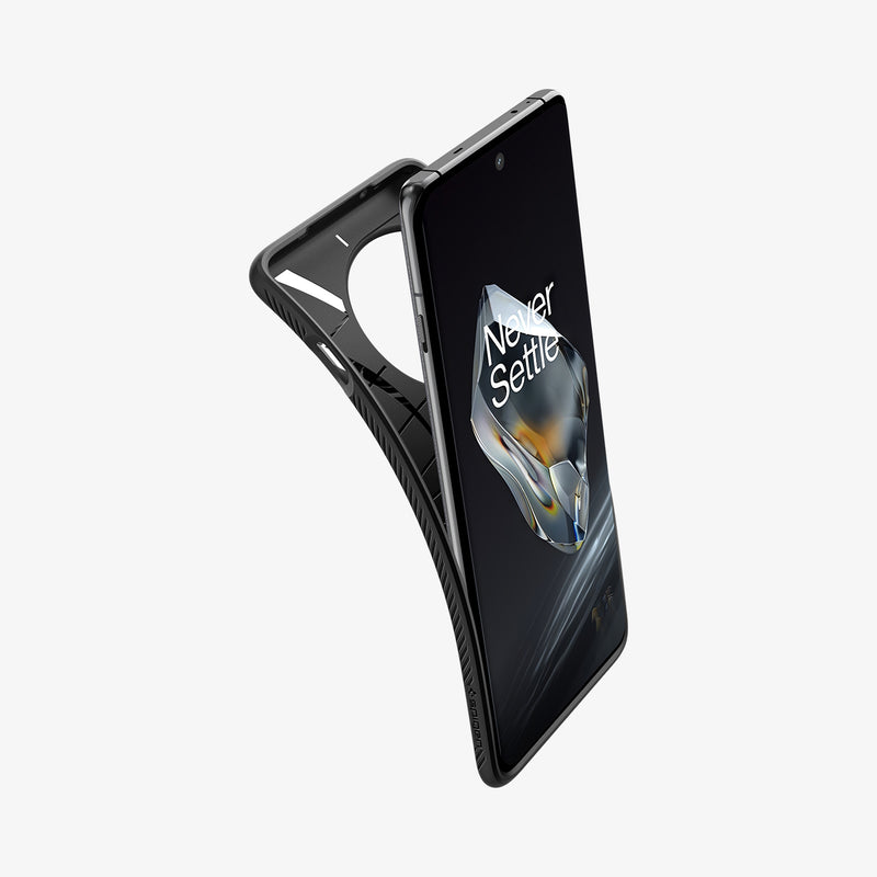 ACS07375 - OnePlus 12 Case Liquid Air in Matte Black showing the front of a device with a back case slightly peeling off from the back