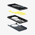 ACS07376 - OnePlus 12 Case Tough Armor in Black showing the  front of a device hovering above an impact foam detached from a frame and hard back layer of back case