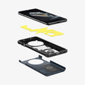 ACS07377 - OnePlus 12 Case Tough Armor in Matte Black showing the front of device hovering above the impact foam detached from the frame and the hard back layer of the case