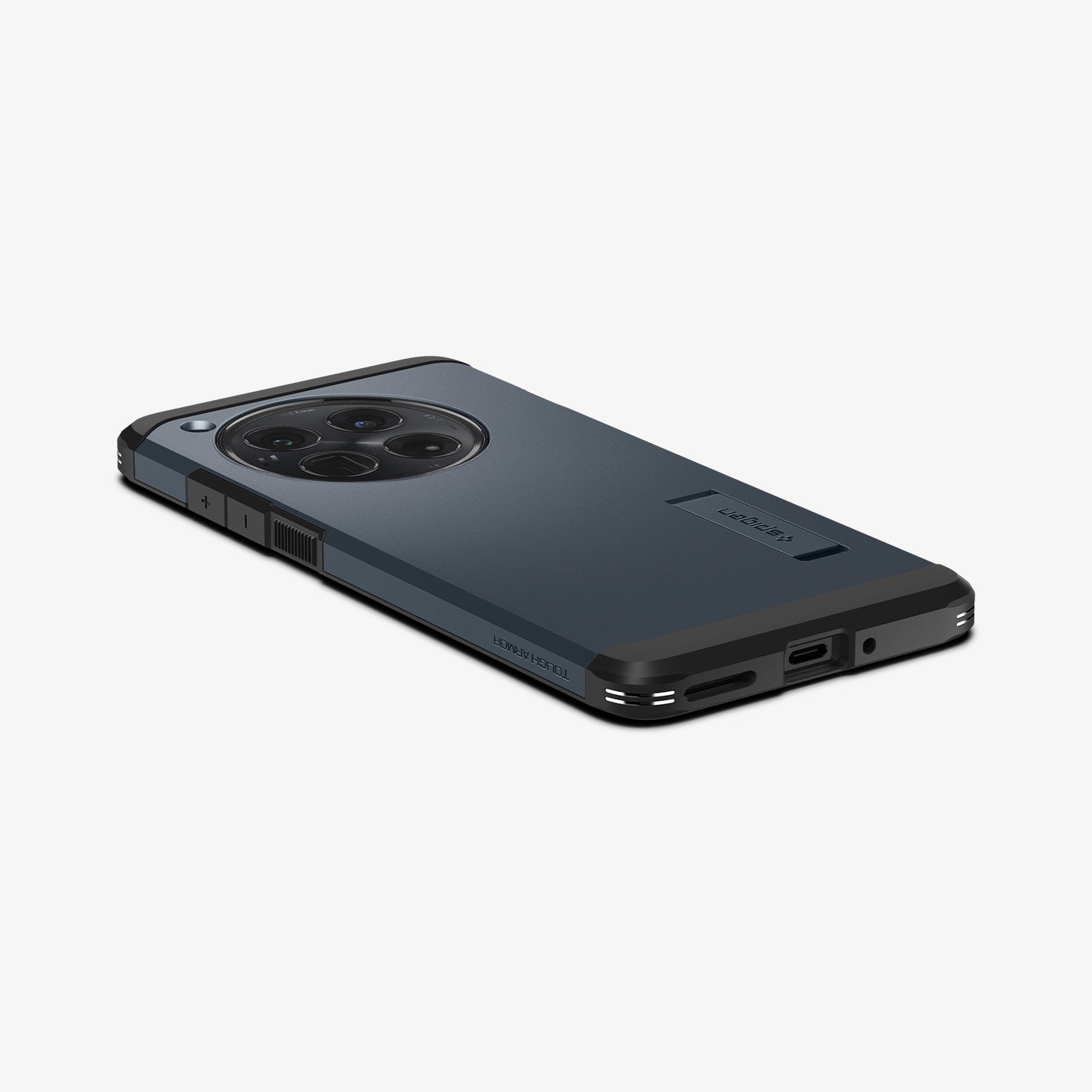 ACS07377 - OnePlus 12 Case Tough Armor in Matte Black showing the back, partial side and bottom on a flat surface