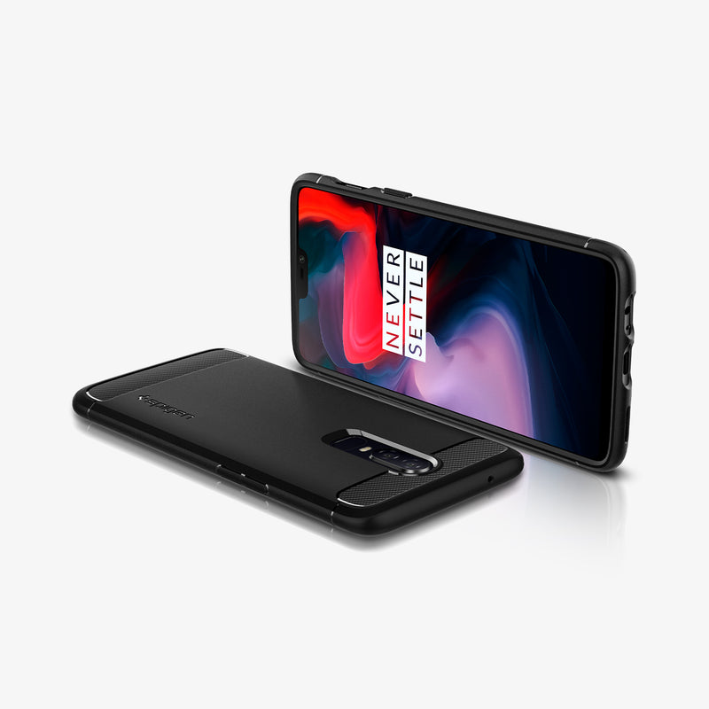 K06CS23358 - OnePlus 6 Rugged Armor Case in Black showing the back, partial sides and front 