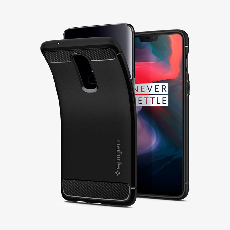 K06CS23358 - OnePlus 6 Rugged Armor Case in Black showing the back case slightly peeled off from the device and front, side by side