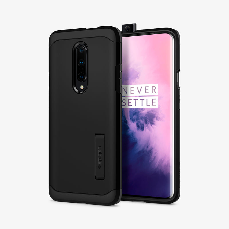 K09CS26485 - OnePlus 7 Pro Tough Armor Case in Black showing the back and front side by side with camera popped up
