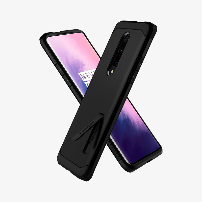 K09CS26485 - OnePlus 7 Pro Tough Armor Case in Black showing the back, partial side, with built-in kickstand lifted up, next to it showing front and partial side