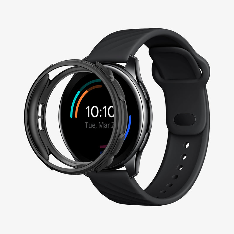 ACS03009 - OnePlus Watch Series Case Liquid Air in matte black showing the front and side with case hovering in front of watch face