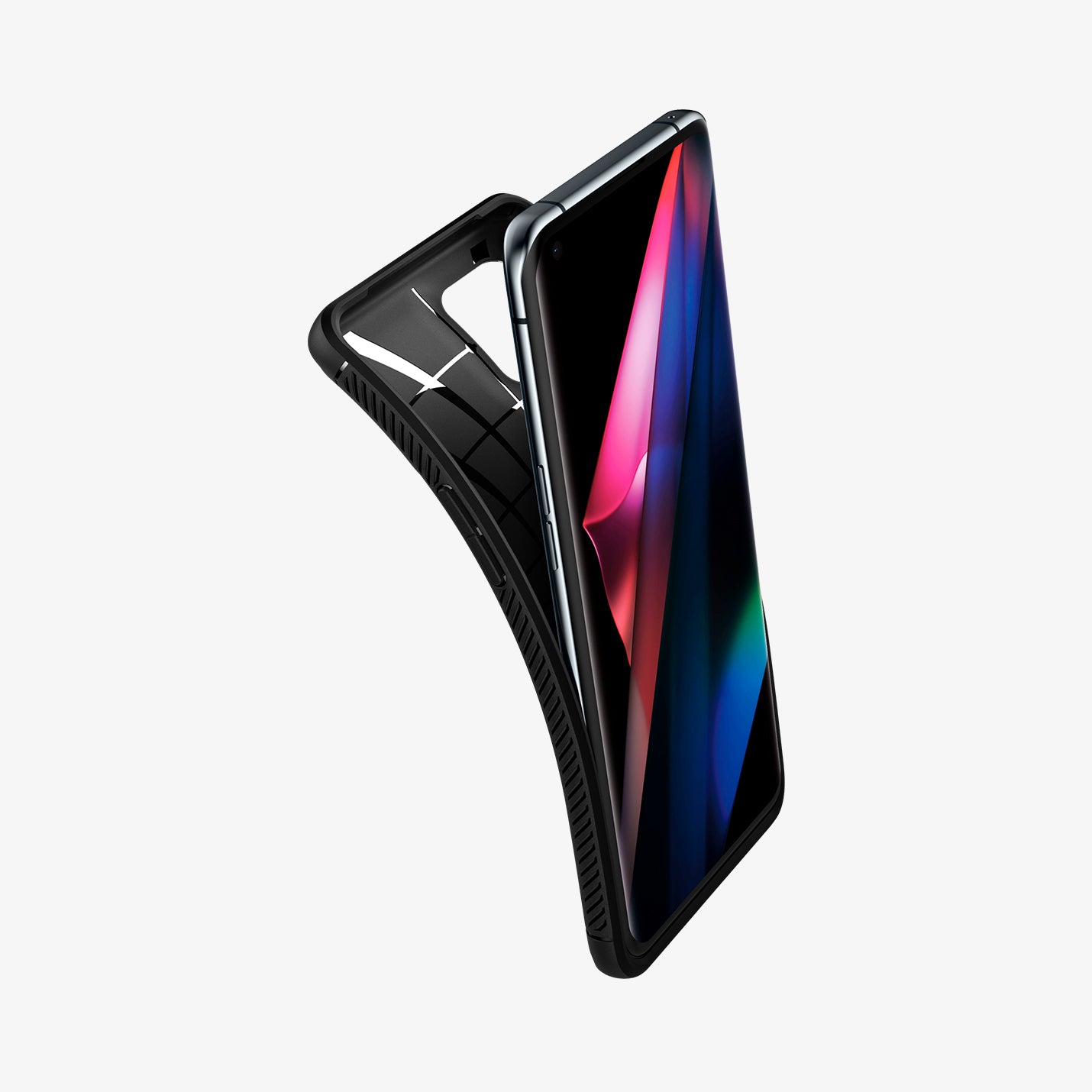 ACS03366 - OPPO Find X3 Pro Case Rugged Armor in black showing the front with case bending away from the device
