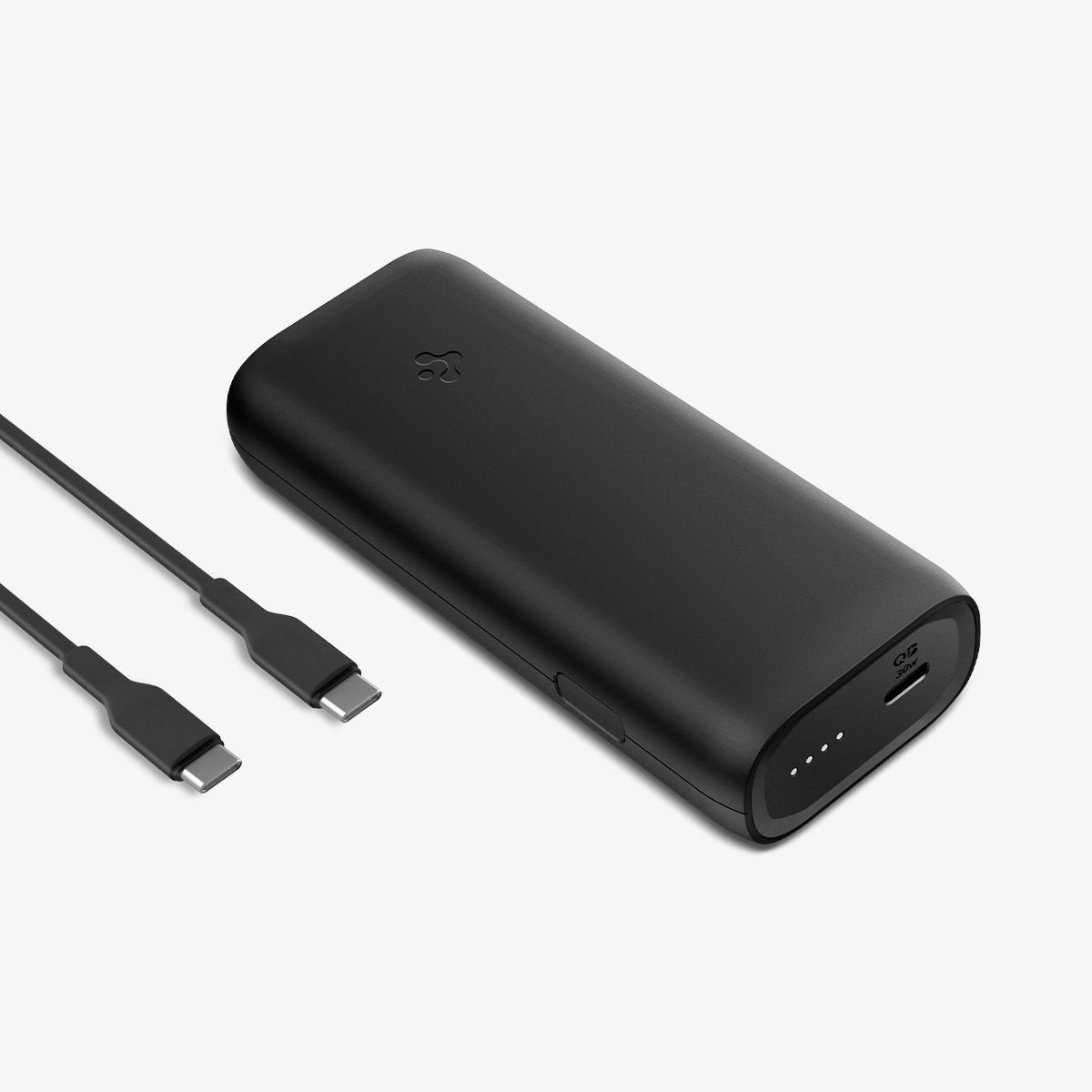 ABA04268 - ArcPack™ Portable Charger PA2100 in Black showing the front, partial top and side and 2 charging cables on the side