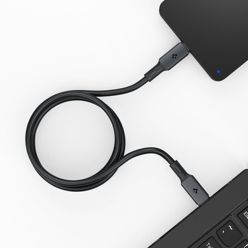 ACA06840 - ArcWire™ USB-C to USB-C Cable PB2203 in Black showing the partial power bank attached to a device by a charging cable