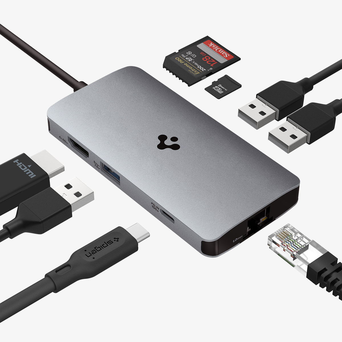 ACA06141 - ArcDock Multi Hub 8-in-1 PD2303 in Space Gray showing the top and sides with different types of USB, USB-C, Ethernet and SD cards hovering in front of input ports of a hub