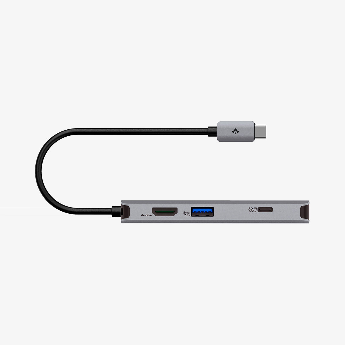 ACA06141 - ArcDock Multi Hub 8-in-1 PD2303 in Space Gray showing the side with a USB 3.0, HDMI and USB-C (PD-IN 100W) with a curved cable wire attached