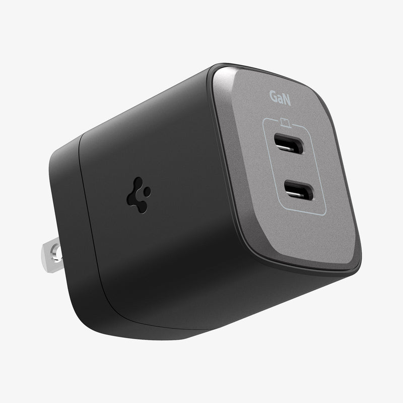 ACH05151 - ArcStation™ Pro GaN 452 Dual USB-C Wall Charger PE2203 in Midnight Black showing the center and partial sides and top of a wall charger with 2 types of usb c type ports