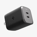 ACH05160 - ArcStation™ Pro GaN 652 Dual USB-C Wall Charger PE2204 in Midnight Black showing the top, and both sides one with the spigen logo and other showing partial side