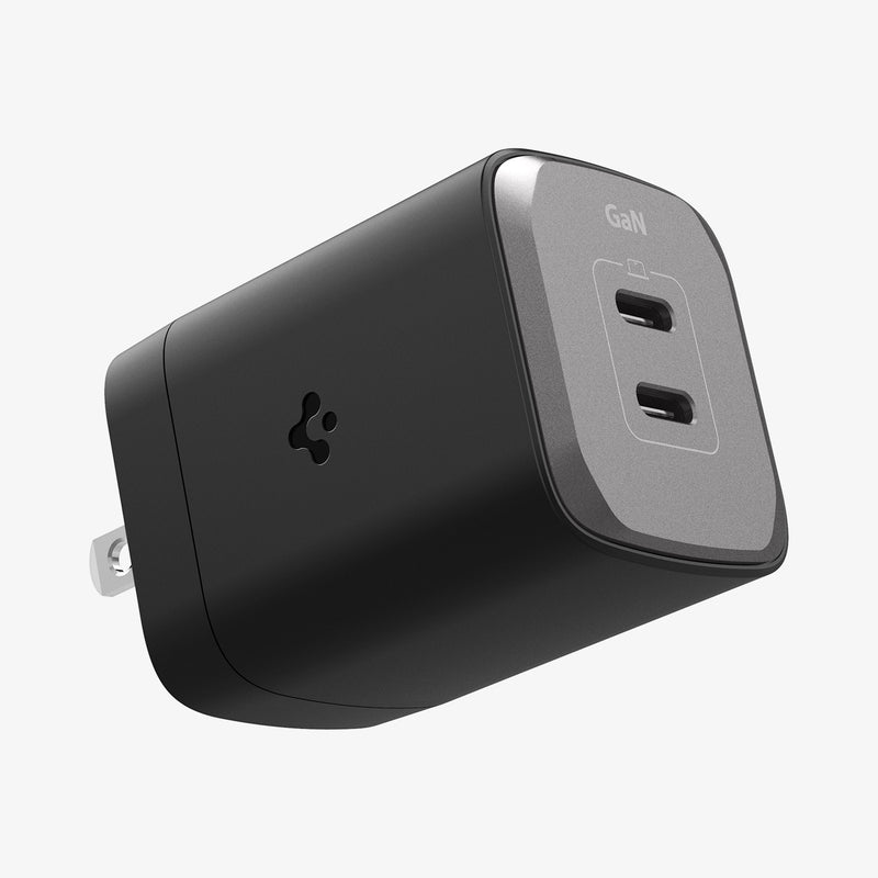 ACH05160 - ArcStation™ Pro GaN 652 Dual USB-C Wall Charger PE2204 in Midnight Black showing the top, and both sides one with the spigen logo and other showing partial side