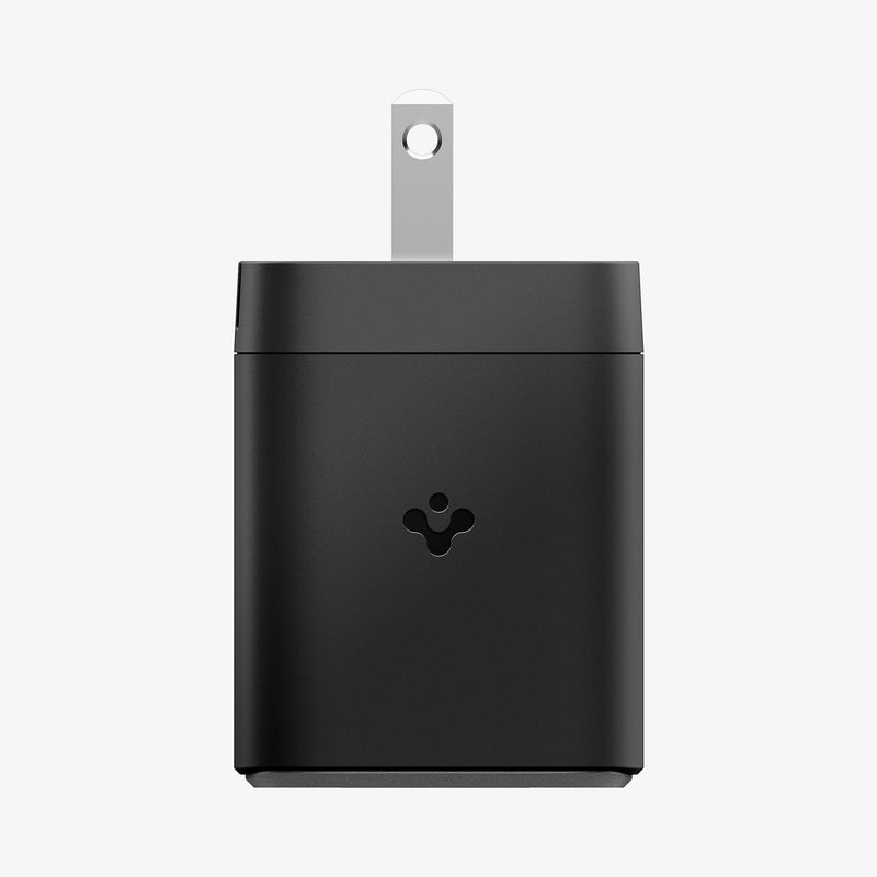 ACH05160 - ArcStation™ Pro GaN 652 Dual USB-C Wall Charger PE2204 in Midnight Black showing the side of the wall charger with the spigen logo