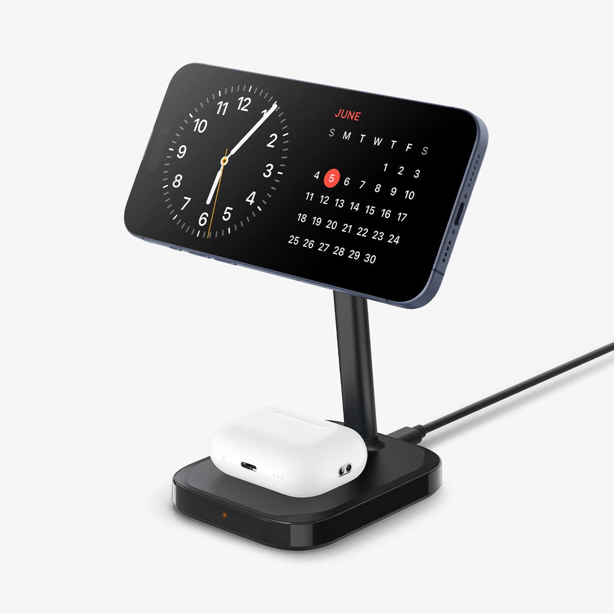 ACH05439 - ArcField™ Magnetic Wireless Charger Stand PF2100 (MagFit) in Black showing the device attached to a charger stand with another device