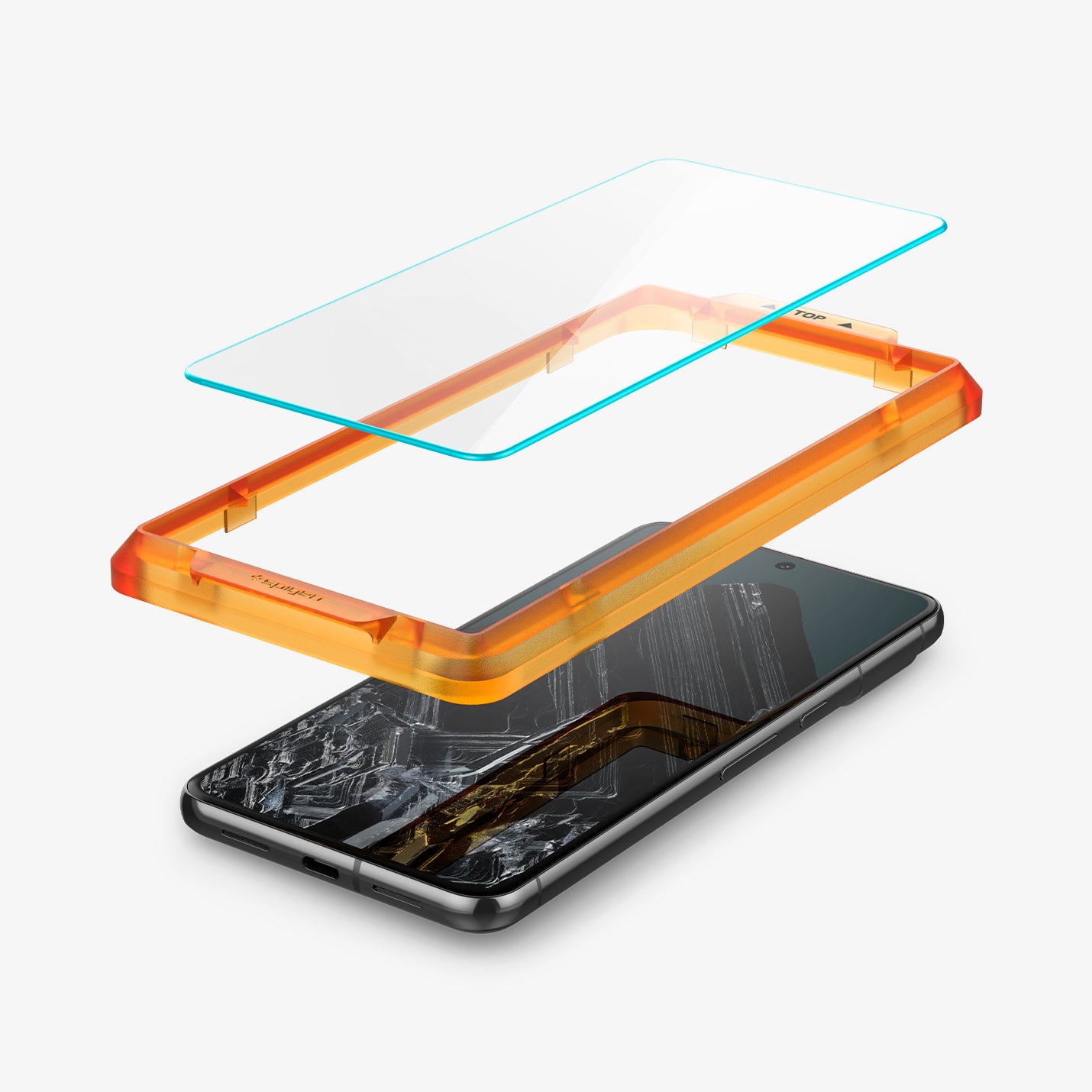 AGL07395 - Pixel 8 Pro Alignmaster in Clear showing the tempered glass hovering above the alignment tray and a device