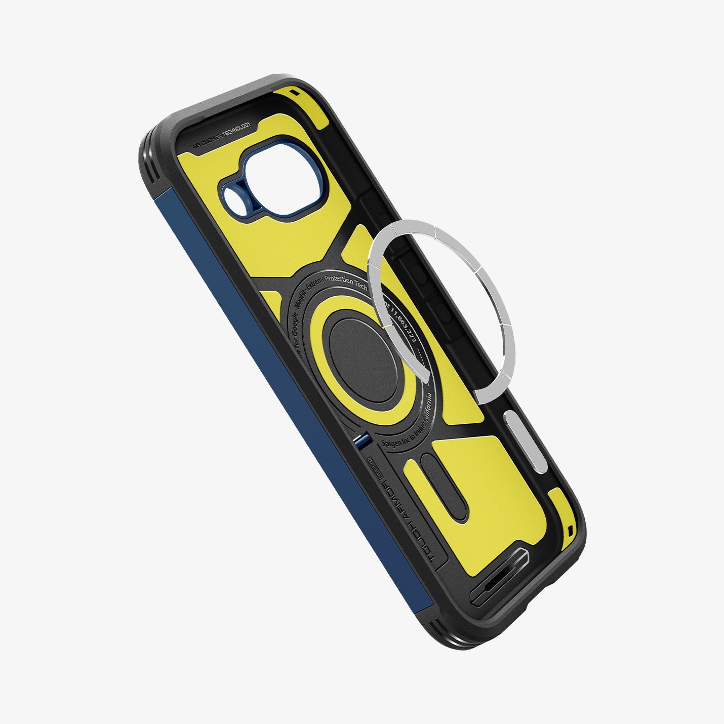 ACS09047 - Pixel 9a Case Tough Armor AI (MagFit) in Navy Blue showing the detached metal ring hovering in front of the case showing inner and side