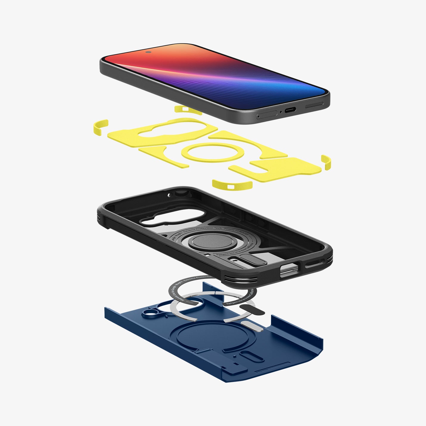 ACS09047 - Pixel 9a Case Tough Armor AI (MagFit) in Navy Blue showing the device hovering above the detached impact foam, body of the case, detached magnet ring and the back cover of the case