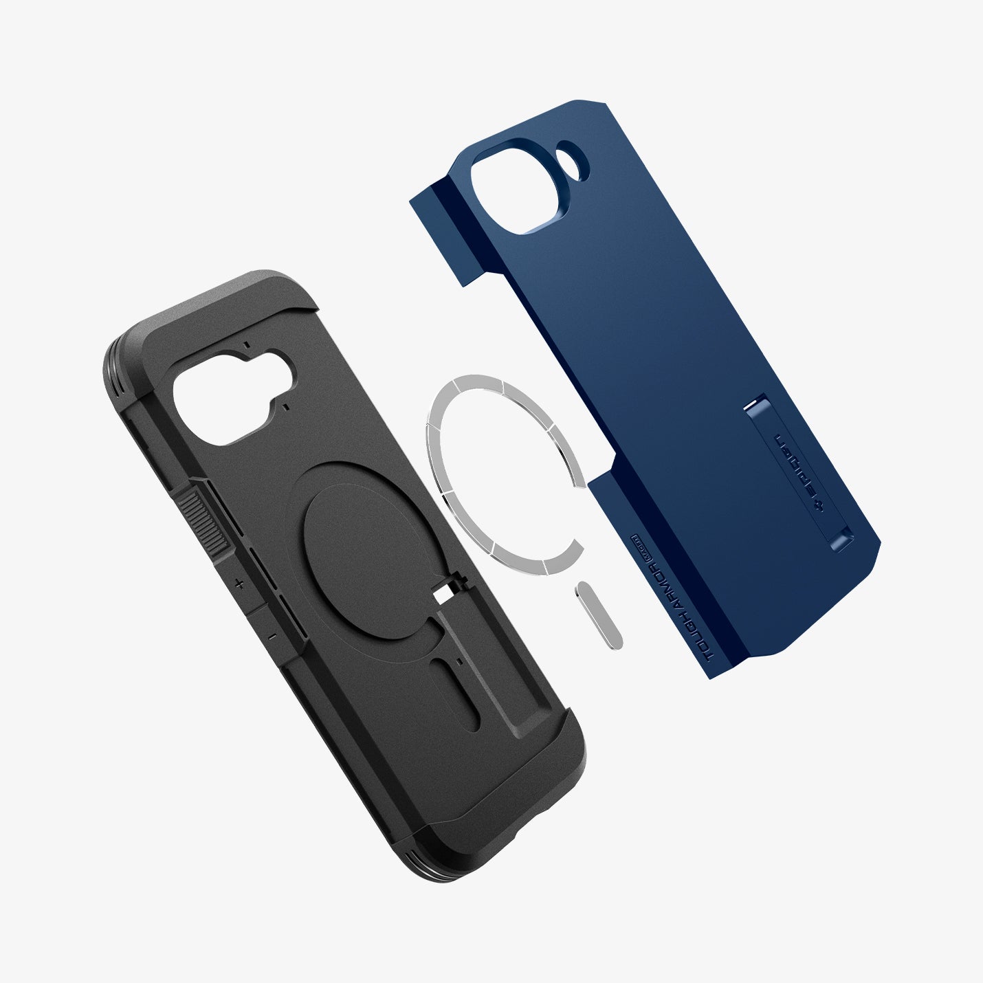 ACS09047 - Pixel 9a Case Tough Armor AI (MagFit) in Navy Blue showing the back cover, hovering in front of the detached metal ring and the body of the case