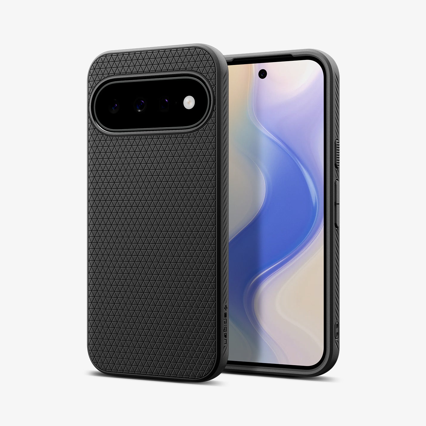 ACS11438 - Pixel 11 Liquid Air Matte Black front and back angled views show the textured pattern, slim profile, and precise fit.