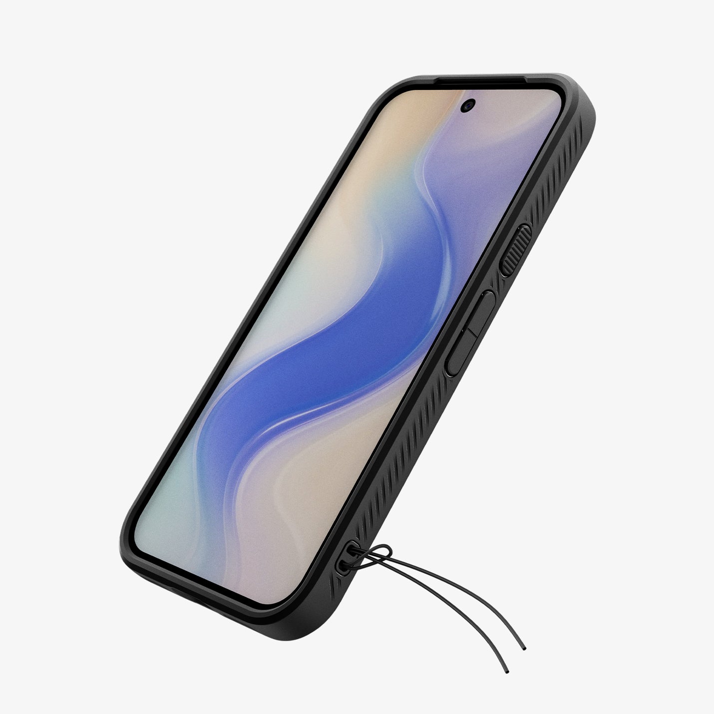 ACS11438 - Pixel 11 Liquid Air Matte Black angled front view highlighting the slim profile, responsive button covers, and integrated strap hole.