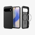 ACS11439 - Pixel 11 Liquid Air (Mag Fit) Matte Black front and back angled views showing the geometric textured pattern, built in magnetic ring, and Air Cushion Technology.
