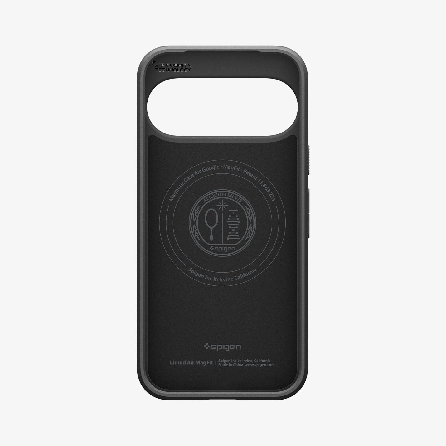 ACS11439 - Pixel 11 Liquid Air (Mag Fit) Matte Black interior view showing the built in magnetic ring, Air Cushion Technology, and Liquid Air MagFit branding.
