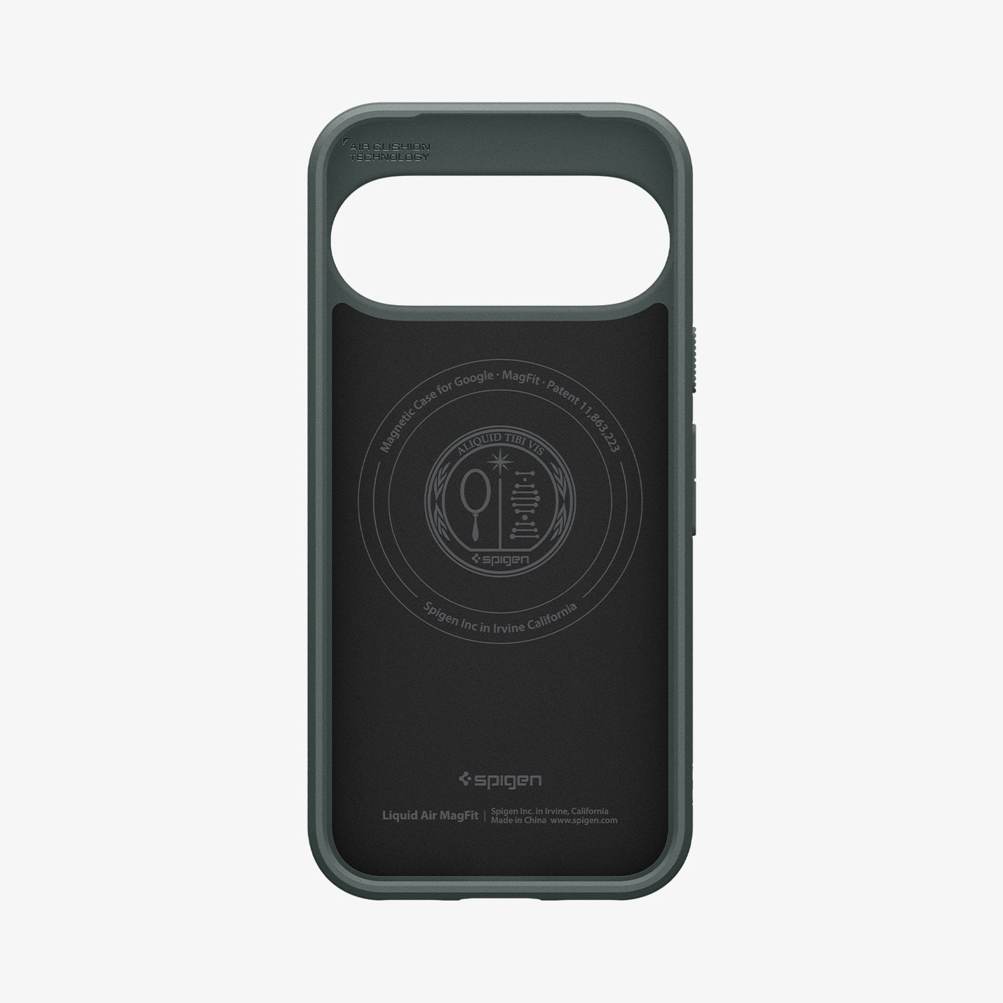 ACS11853 - Pixel 11 Liquid Air (Mag Fit) Abyss Green interior view showing the built in magnetic ring, Air Cushion Technology, and Liquid Air MagFit branding.